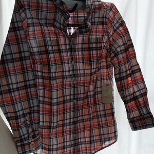 St. John’s Bay Coral, Peach, Navy & White Plaid Button-Down Shirt